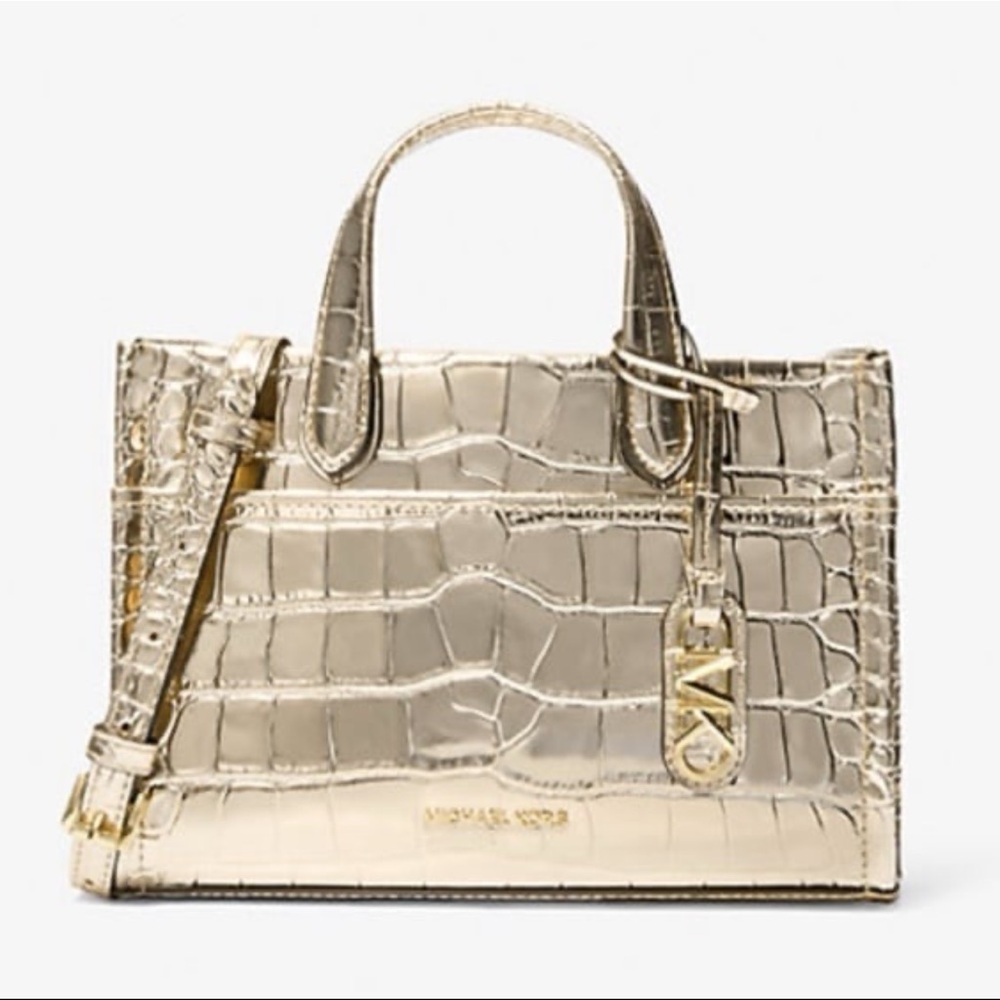 Michael Kors Gigi Small Metallic Crocodile Embossed Leather Messenger, Pale Gold